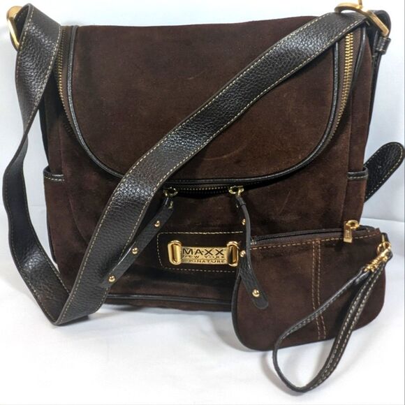 Maxx New York Signature Brown Suede Leather Shoulder Bag And Matching Wristlet - Picture 1 of 13